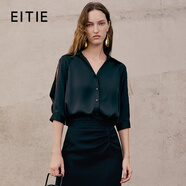 愛特愛（EITIE）氣質(zhì)寬松緞面黑色蕾絲拼接V領襯衫上衣夏季新款襯衣7409103 極簡黑20 S 155