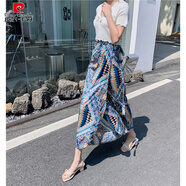 皮爾卡丹（pierre cardin）傣族裙子女西雙版納民族風印花開叉裹裙海邊度假一片式綁帶半身裙 821藍綢 均碼 系帶腰圍可調(diào)節(jié)