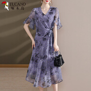 啄木鳥(niǎo)媽媽裝洋氣連衣裙時(shí)尚中老年女裝夏裝短袖雪紡裙子貴夫人長(cháng)裙Z 紫色 4XL 建議145-160斤