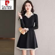 皮爾卡丹（pierre cardin）小個(gè)子秋冬新品羊毛針織修身套頭毛衣裙時(shí)尚別致羊毛連衣裙潮 黑色 3XL