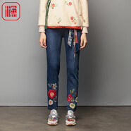 漁漁女裝牛仔褲女春秋季2023新款原創(chuàng  )復古繡花直筒休閑褲子FGFC6016 牛仔藍 S