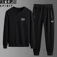 吉普（JEEP） 衛(wèi)衣男t恤長袖套裝休閑春裝簡約時(shí)尚寬松百搭圓領(lǐng)套頭運(yùn)動(dòng)套裝 黑色-束口 2XL 130-150斤