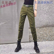 美黛遇馬丁l褲女新款帥氣束腳工裝褲女顯瘦時(shí)尚季寬松高腰直筒長(zhǎng)褲休閑褲潮配馬丁鞋靴的褲子 軍綠色(加腰帶) 30 體重116-125斤內(nèi)
