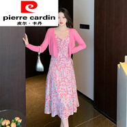皮爾卡丹（pierre cardin）海邊度假性感v領(lǐng)抹胸雪紡長(zhǎng)裙女夏季新款甜美減齡碎花吊帶連衣裙 粉色開(kāi)衫 S