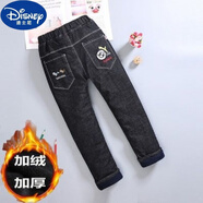 迪士尼（Disney）男童加絨牛仔褲子加厚兒童裝冬款韓版中大童男孩彈力棉褲保暖一體 飛豹黑色加絨加厚 170 13歲左右