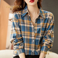 梵喬希品牌定制格子襯衫女長(cháng)袖秋季新款磨毛加厚百搭疊穿英倫復古襯衣 藍格子 L