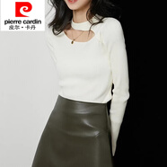 皮爾卡丹（pierre cardin）半高領(lǐng)毛衣打底衫女春秋立領(lǐng)內(nèi)搭鏤空露鎖骨中領(lǐng)掛脖紅色針織上衣 白色 S