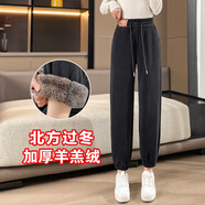 簡(jiǎn)蜓2025新款休閑褲女冬季外穿保暖絨哈倫運動(dòng)褲高腰加絨加厚束腳衛褲 灰色-加厚羊羔絨 M 【建議98-110斤】