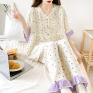 月子服100%純棉紗布孕婦睡衣女春夏季薄款短袖產(chǎn)后孕期哺乳家居服 HYS-3502 紫（100%紗布棉） M碼