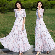 NUKM大擺中長款雪紡連衣裙女2025新款V領短袖海邊度假拍照長裙到腳踝 01花（當天發(fā)貨 XL 110-120斤左右 偏小卡碼拍大一碼
