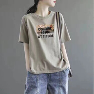 歐洛黛純棉短袖t恤女寬松2025夏季韓版顯瘦圓領(lǐng)半袖休閑時尚體恤女上衣 卡其色（COU） M