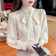 UKMR飄帶襯衫女春季2025年新款波點上衣韓版雪紡蝴蝶結(jié)襯衣長袖雪紡衫 杏色波點 M 建議【100-110斤】