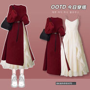 SELILECO本命年蛇年女2025過(guò)年衣服新年戰袍套裝秋冬女新款穿搭洋氣圣誕安 紅色毛衣杏色連衣裙 兩件套 M 80-100斤