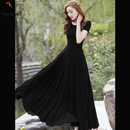 啄木鳥長裙夏連衣裙女2025新款氣質(zhì)雪紡修身沙灘裙大擺顯瘦裙子超長款 黑色 3XL 【130-140斤】