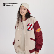 Dangerous people薛之謙dsp復古美式圖案趣味字母寬松開(kāi)衫棒球夾克曠野美拉德 米白色 S