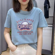 歐洛黛短袖t恤女夏新款女裝時(shí)尚印花常規(guī)款純棉圓領(lǐng)T恤短袖寬松上衣女 霧霾藍(lán) S
