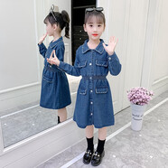 迪莎童話女童連衣裙長袖秋裝新款中大童女孩韓版時尚洋氣長袖牛仔裙學(xué)生裙 珍珠款 140