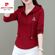 皮爾卡丹新款衛衣女連帽修身長(cháng)袖T恤2025秋冬新款韓版顯瘦時(shí)尚減齡打底衫 830紅色  M 建議80-100斤