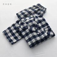 卜鄰日式無(wú)印風(fēng)格子睡衣男女春秋冬季純棉磨毛絨布長(cháng)袖情侶家居服套裝 男深藍格 QD純棉絨布套裝 XXL