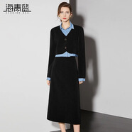 海青藍時(shí)尚氣質(zhì)減齡復古風(fēng)燈芯絨套裝女秋冬假兩件外套半身裙保暖兩件套 黑色 XL