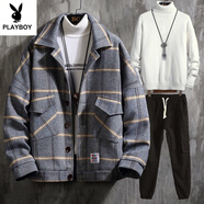 花花公子夾克男士外套秋冬季加厚休閑套裝韓版男裝一套搭配痞帥氣棉衣潮流 藍色外套+白毛衣+褲子 加厚 3XL 建議145-160斤
