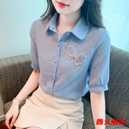 美安嘉新款提花刺繡顯瘦襯衫女甜美女士襯衣洋氣薄款上衣短袖 藍色-遮肚子襯衫 L 建議110-125斤-遮肚子襯衫