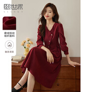 熙世界sllsky浪漫復(fù)古紅色連衣裙女秋冬法式赫本磨毛V領(lǐng)裙子高級(jí)感 復(fù)古紅 L