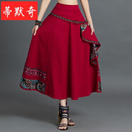 蒂默奇春夏天民族風(fēng)半身裙復古大擺裙2022棉麻印花不規則百搭松緊長(cháng)裙 酒紅色 均碼