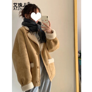 艾珠兒（Aizhuer）麂皮短外套女秋冬款羊羔毛2024新款小香風皮毛一體羊羔絨棉服冬季 卡其色 M