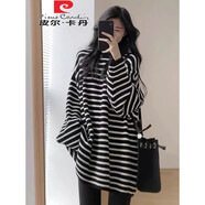 皮爾卡丹（pierre cardin）2025秋冬韓版寬松百搭慵懶風(fēng)軟糯中長(cháng)款黑白條紋毛衣女打底衫上衣 黑色 均碼 的 80-140斤可穿