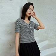 普普風(fēng)2023夏季新品女裝休閑百搭V領(lǐng)抽繩修身彈力T恤OB3T7420S 黑條7420 S