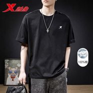 特步（XTEP） 運(yùn)動(dòng)短袖男裝t恤衫夏季透氣冰絲感速干上衣吸汗棉T跑步健身籃足 正黑色-logo(全棉100%) 3XL (190/108A)【現(xiàn)貨速發(fā)】