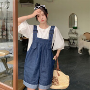 Lauaird特大碼300斤牛仔背帶褲套裝女時尚胖mm夏季韓版遮肉寬松闊腿短褲 背帶褲 L建議75105斤
