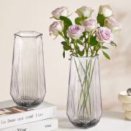 盛世泰堡玻璃花瓶透明富贵竹水培大花瓶客厅桌面装饰摆件冰川竖条纹25cm