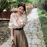 卡吉蘭娜新款連衣裙女春秋法式輕奢風(fēng)氣質(zhì)小個子收腰顯瘦通勤職業(yè)套裝裙子 香檳襯衫+卡其裙 XL 建議115-125斤