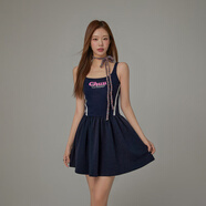 CHUU字母印花無(wú)袖連衣裙女2025夏季新品蕾絲邊拼接百褶a字短裙 藏藍 均碼