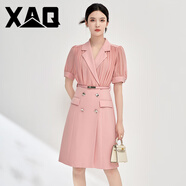 XAQ高端職業(yè)連衣裙女夏季時尚名媛氣質(zhì)小香風(fēng)女神范雪紡拼接A字裙子 粉色 L
