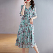 ZXEGI收腰顯瘦100%桑蠶絲真絲連衣裙夏季新款時(shí)尚印花韓版高端A字裙女 蘭綠色 XL （106-115斤）