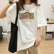 夢園朵2024年夏季新款遮屁股大版短袖t恤女中長款寬松半袖上衣s潮 白色灰底-可外穿打底 均碼 2xl建議145-160斤左右-可