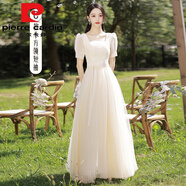 皮爾卡丹伴娘服香檳色2025新款平時(shí)可穿小眾長(zhǎng)款顯瘦長(zhǎng)袖晚禮服裙女 香檳色短/袖 長(zhǎng)版C款小方領(lǐng) L