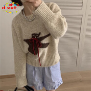 DXOT韓國毛衣寬松軟糯奶fufu減齡卡通小熊系繩上衣女2025秋冬款針織衫 燕麥色 S