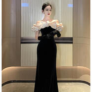 綻秋禮服女宴會(huì )晚禮服高檔旗袍一字肩魚(yú)尾晚包臀裙氣質(zhì)高端高級感成人 黑色（絲絨掉色需單獨手洗） S【95斤以?xún)冉ㄗhS】