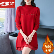 恒源祥羊絨衫秋冬中長(zhǎng)款加絨毛衣女韓版蕾絲拼接半高領(lǐng)一體絨毛衣裙洋氣 恒源祥紅色 XL 建議【120~130斤】
