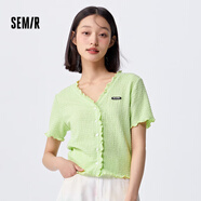 森馬（Semir）【夏日T恤合輯】短袖T恤女中長款滿印夏印花落肩上衣寬松顯瘦涼感 L款短款緊身-檸綠40140 165/88A/L