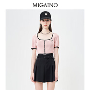 曼婭奴（MIGAINO）簡(jiǎn)約針織衫女2025年早秋新款方領(lǐng)時(shí)尚刺繡短袖上衣 粉色 150/76A/XS