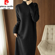 皮爾卡丹（pierre cardin）半高領針織連衣裙女秋冬季新款長款過膝寬松顯瘦加厚保暖打底長裙 黑色 綿羊絨加厚 2XL