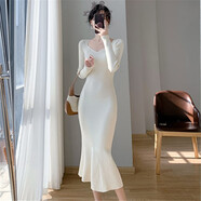 里農法式V領(lǐng)針織連衣裙女秋冬季內搭毛衣裙修身顯瘦名媛包臀魚(yú)尾裙女 米白色 XXL(110-125)