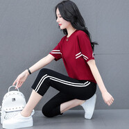匹卡特（PIKATE）t恤女短袖女裝夏裝休閑套裝女士夏季上衣女裝衣服運(yùn)動(dòng)服韓版夏天 7967棗紅衣+黑褲 M