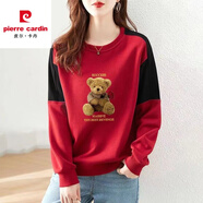 皮爾卡丹純·棉衛衣女打底衫撞色拼接長(cháng)袖大d碼寬松新款秋冬棉文藝上衣 紅色玫瑰熊【純·棉】 XL 建議110-130斤