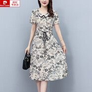 皮爾卡丹（pierre cardin）娃娃領(lǐng)碎花連衣裙女2025夏裝新款時(shí)尚闊太太媽m減齡顯瘦雪紡裙子 圖片色 L 85-95斤